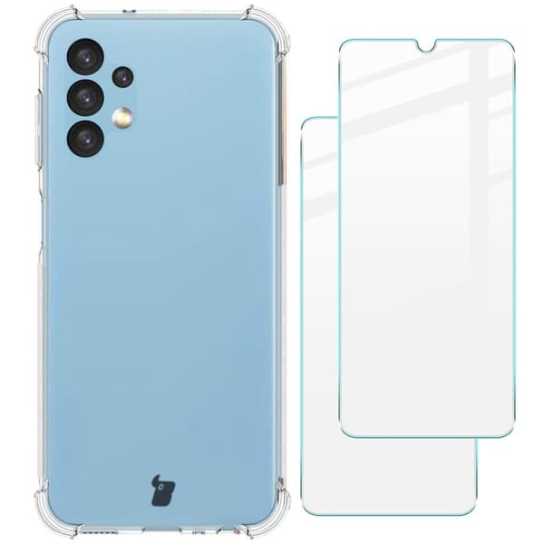 Suojakuori + 2x Bizon-kotelo, kirkas lasi, Galaxy A13 4G:lle, läpinäkyvä