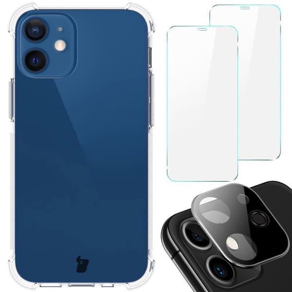 Etui + 2x glas + linse Bizon Cover Clear Pack til iPhone 12 Mini, gennemsigtig