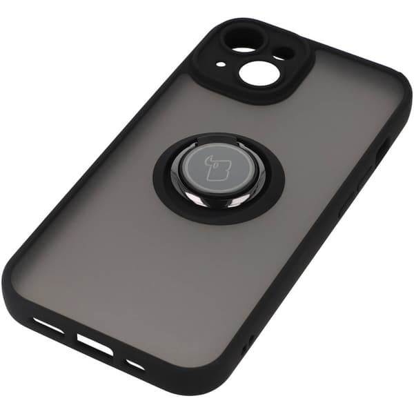 Bizon Case Hybrid Ring Fingerring Cover til iPhone 14, Røgfarvet med Sort Ramme