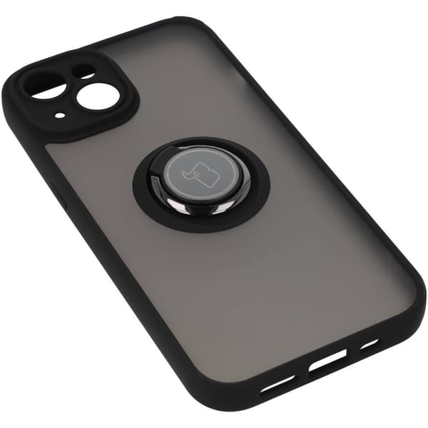 Bizon Case Hybrid Ring Fingerring Cover til iPhone 14, Røgfarvet med Sort Ramme
