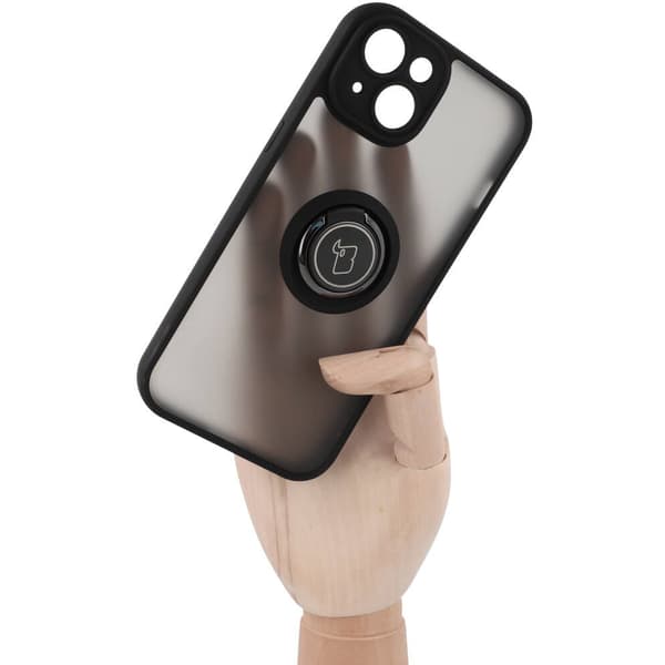 Bizon Case Hybrid Ring Fingerring Cover til iPhone 14, Røgfarvet med Sort Ramme