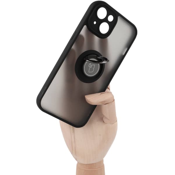 Bizon Case Hybrid Ring Fingerring Cover til iPhone 14, Røgfarvet med Sort Ramme