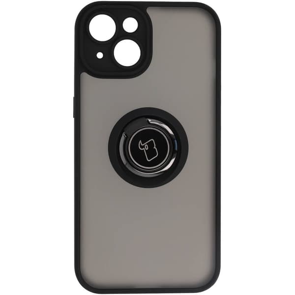 Bizon Case Hybrid Ring Fingerring Cover til iPhone 14, Røgfarvet med Sort Ramme