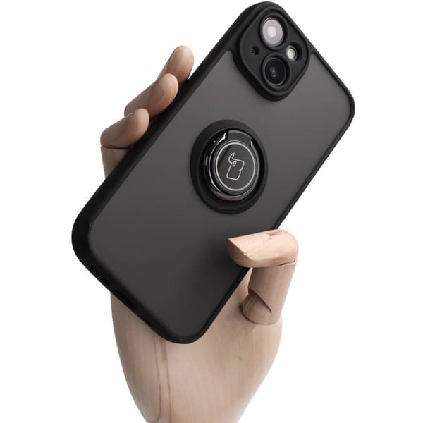 Bizon Case Hybrid Ring Fingerring Cover til iPhone 14, Røgfarvet med Sort Ramme