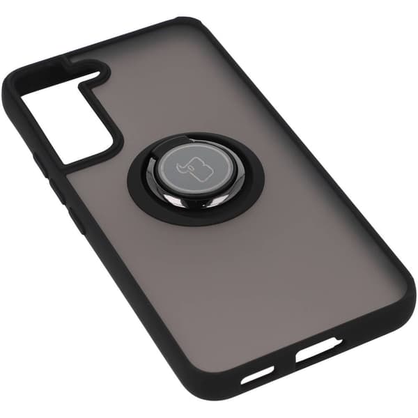 Bizon Case Hybrid Ringfingerringfodral för Galaxy S22, rökfärgad med svart ram