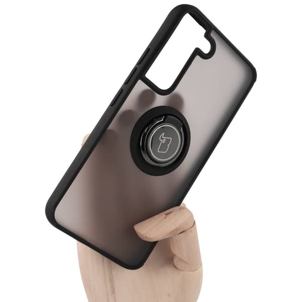 Bizon Case Hybrid Ringfingerringfodral för Galaxy S22, rökfärgad med svart ram