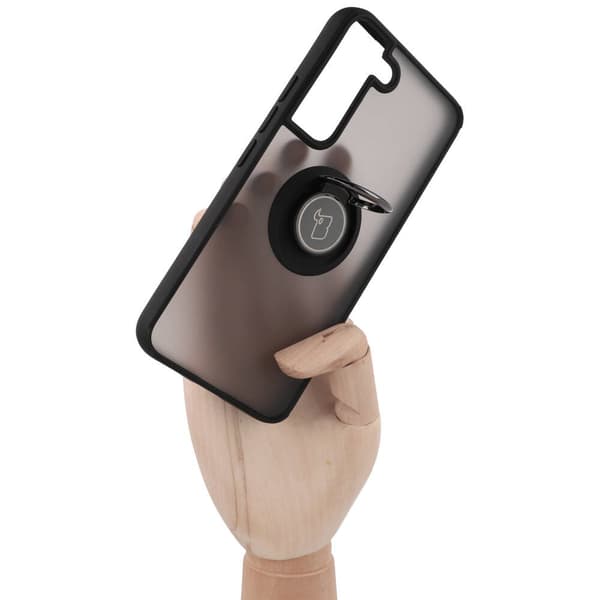 Bizon Case Hybrid Ringfingerringfodral för Galaxy S22, rökfärgad med svart ram