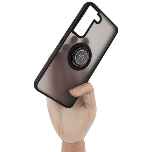 Bizon Case Hybrid Ringfingerringfodral för Galaxy S22, rökfärgad med svart ram