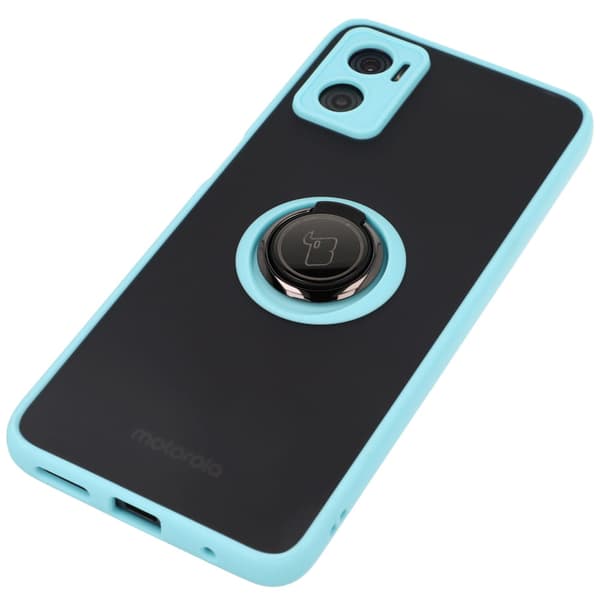 Bizon Case Hybrid Ring Fingerringfodral för Motorola Moto E22 / E22i, Rökfärgad med Ljusblå Ram