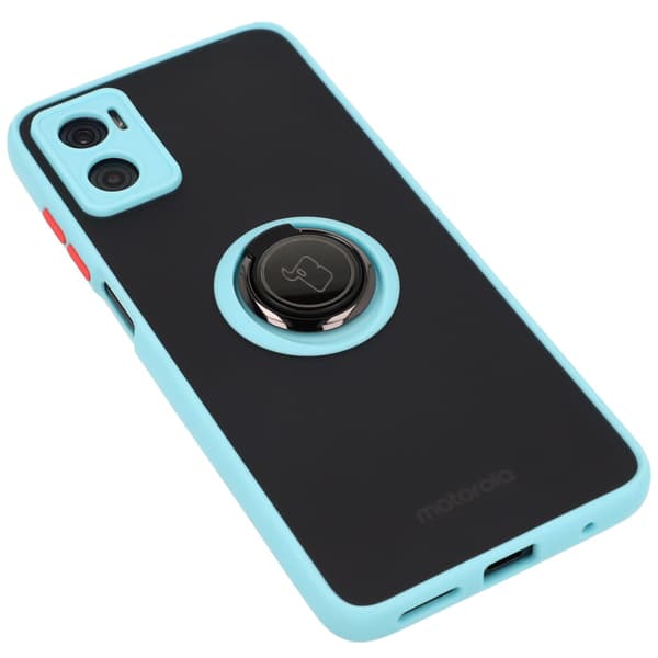 Bizon Case Hybrid Ring Fingerringfodral för Motorola Moto E22 / E22i, Rökfärgad med Ljusblå Ram
