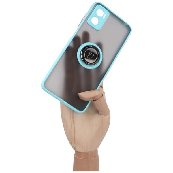 Bizon Case Hybrid Ring Fingerringfodral för Motorola Moto E22 / E22i, Rökfärgad med Ljusblå Ram
