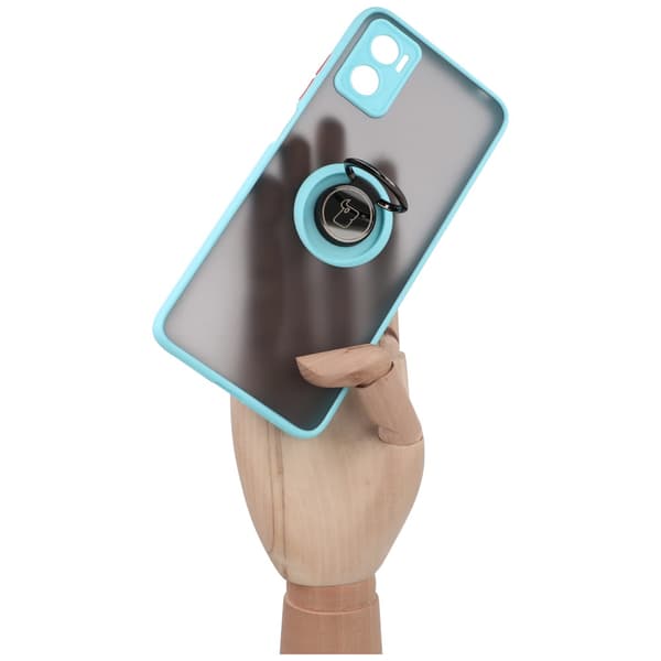 Bizon Case Hybrid Ring Fingerringfodral för Motorola Moto E22 / E22i, Rökfärgad med Ljusblå Ram
