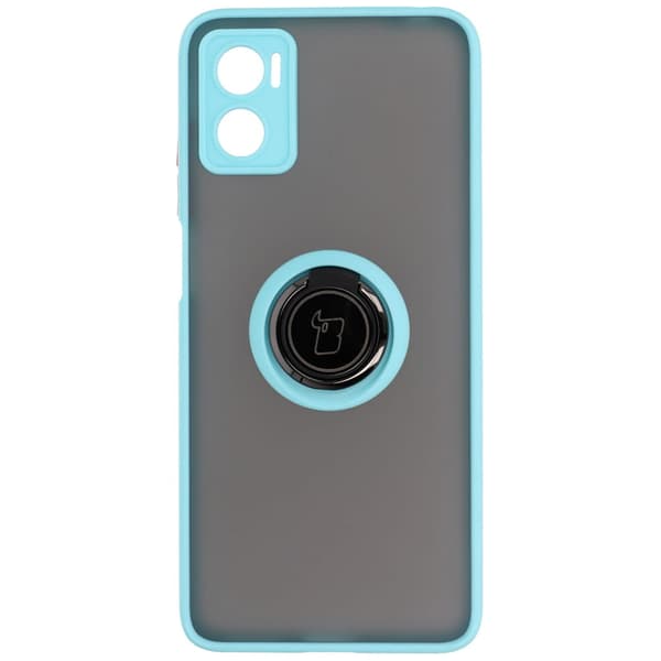 Bizon Case Hybrid Ring Fingerringfodral för Motorola Moto E22 / E22i, Rökfärgad med Ljusblå Ram