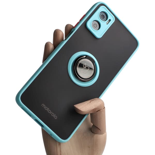 Bizon Case Hybrid Ring Fingerringfodral för Motorola Moto E22 / E22i, Rökfärgad med Ljusblå Ram