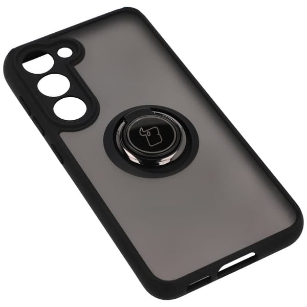 Bizon Case Hybrid Ring Fingerring Cover til Galaxy S23, Røgfarvet med Sort Ramme