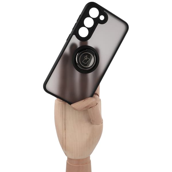 Bizon Case Hybrid Ring Fingerring Cover til Galaxy S23, Røgfarvet med Sort Ramme