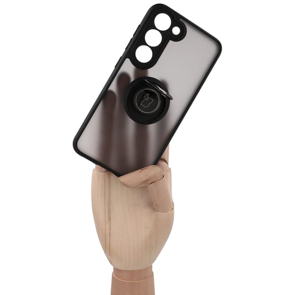 Bizon Case Hybrid Ring Fingerring Cover til Galaxy S23, Røgfarvet med Sort Ramme