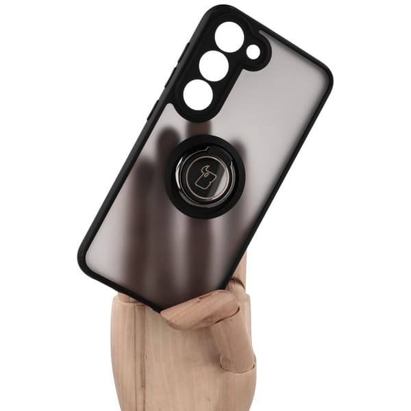 Bizon Case Hybrid Ring Fingerring Cover til Galaxy S23, Røgfarvet med Sort Ramme