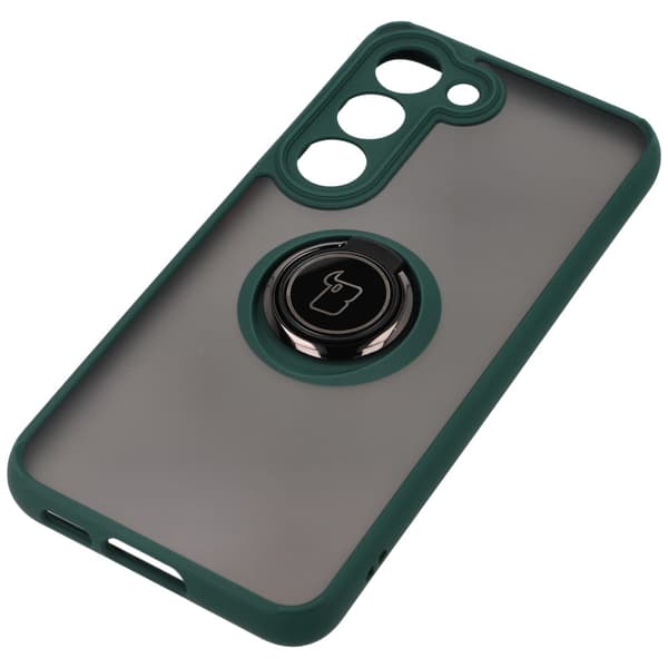 Bizon Case Hybrid Ring Fingerring Cover til Galaxy S23, Røgfarvet med Mørkegrøn Ramme