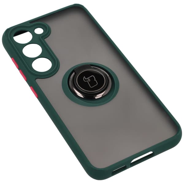 Bizon Case Hybrid Ring Fingerring Cover til Galaxy S23, Røgfarvet med Mørkegrøn Ramme
