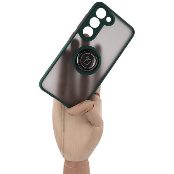 Bizon Case Hybrid Ring Fingerring Cover til Galaxy S23, Røgfarvet med Mørkegrøn Ramme