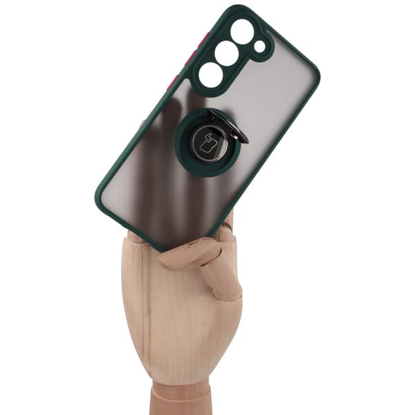 Bizon Case Hybrid Ring Fingerring Cover til Galaxy S23, Røgfarvet med Mørkegrøn Ramme