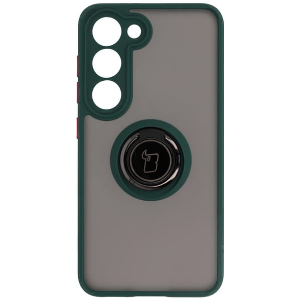 Bizon Case Hybrid Ring Fingerring Cover til Galaxy S23, Røgfarvet med Mørkegrøn Ramme