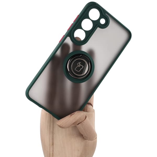 Bizon Case Hybrid Ring Fingerring Cover til Galaxy S23, Røgfarvet med Mørkegrøn Ramme
