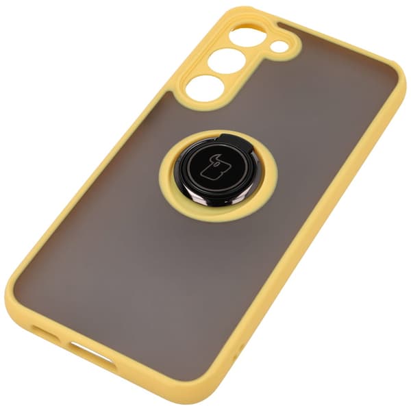 Bizon Case Hybrid Ring Fingerring Cover til Galaxy S23 Plus, Røgfarvet med Gul Ramme