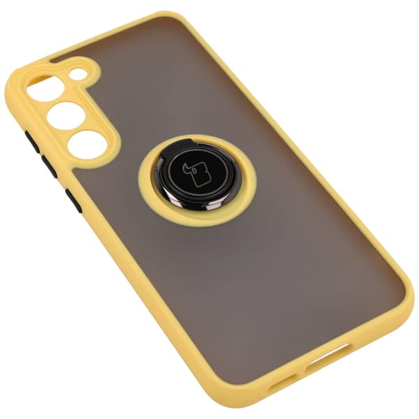 Bizon Case Hybrid Ring Fingerring Cover til Galaxy S23 Plus, Røgfarvet med Gul Ramme