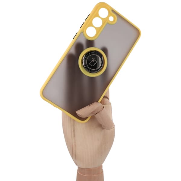 Bizon Case Hybrid Ring Fingerring Cover til Galaxy S23 Plus, Røgfarvet med Gul Ramme