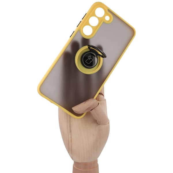 Bizon Case Hybrid Ring Fingerring Cover til Galaxy S23 Plus, Røgfarvet med Gul Ramme