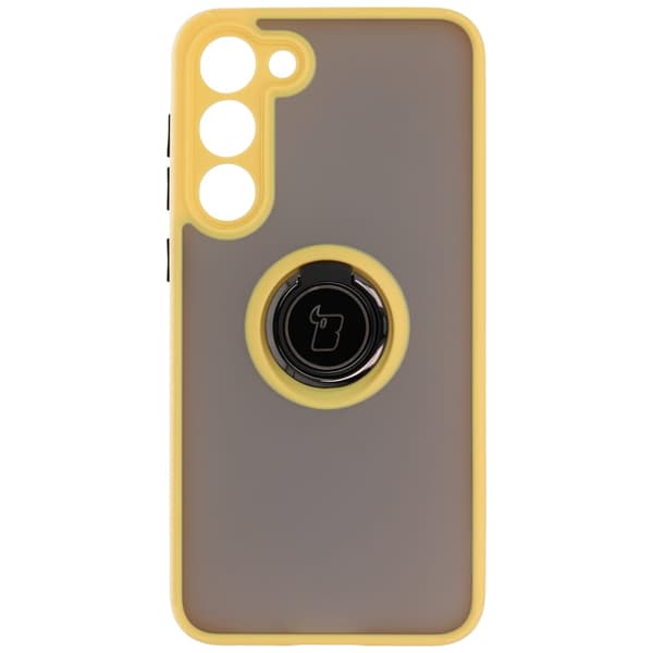 Bizon Case Hybrid Ring Fingerring Cover til Galaxy S23 Plus, Røgfarvet med Gul Ramme