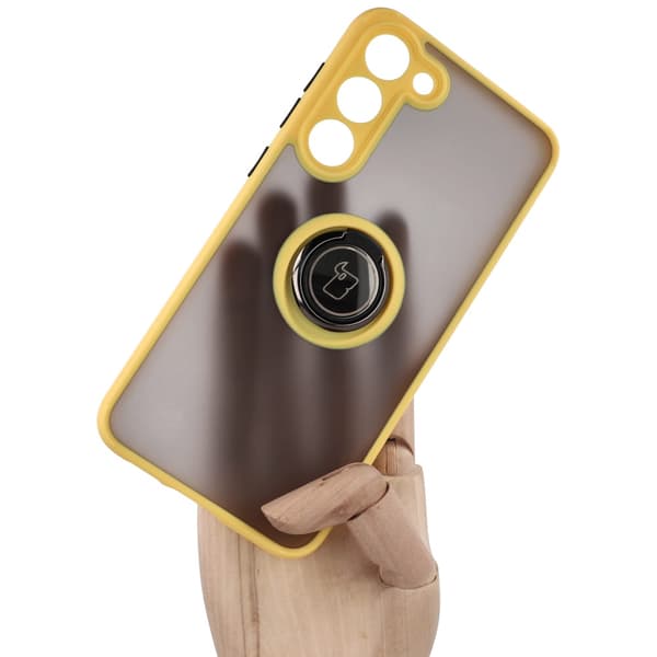 Bizon Case Hybrid Ring Fingerring Cover til Galaxy S23 Plus, Røgfarvet med Gul Ramme