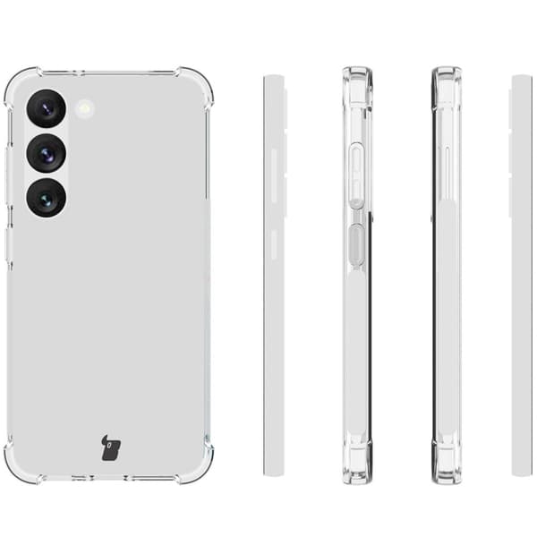 Etui + 2x glas + linse Bizon-etui klar pakke til Galaxy S23, gennemsigtig