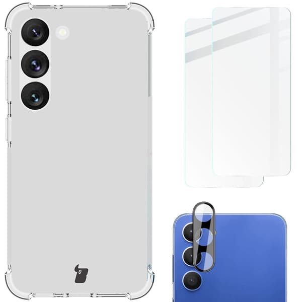 Etui + 2x glas + linse Bizon-etui klar pakke til Galaxy S23, gennemsigtig