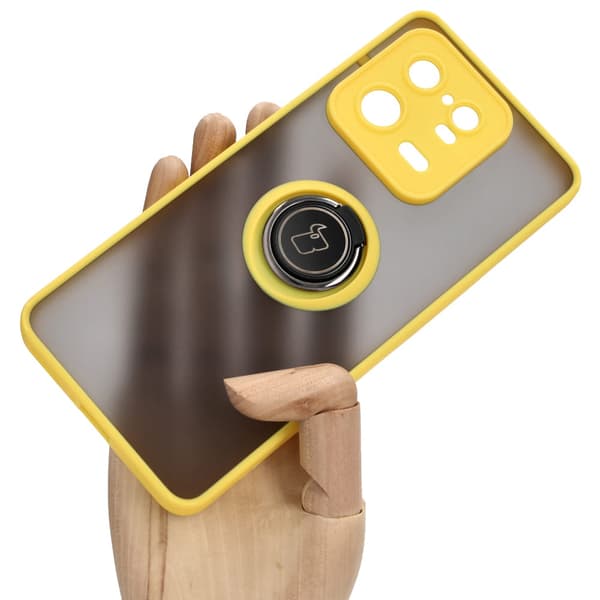 Bizon Case Hybrid Ringfingerringfodral för Xiaomi 13 Pro, rökfärgad med gul ram