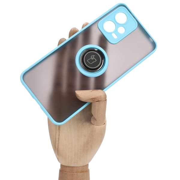 Bizon Case Hybrid Ring Fingerring Cover til Xiaomi Poco X5 / Redmi Note 12 5G, Røgfarvet med Lyseblå Ramme