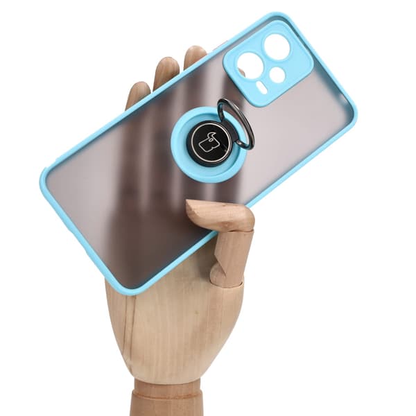 Bizon Case Hybrid Ring Fingerring Cover til Xiaomi Poco X5 / Redmi Note 12 5G, Røgfarvet med Lyseblå Ramme