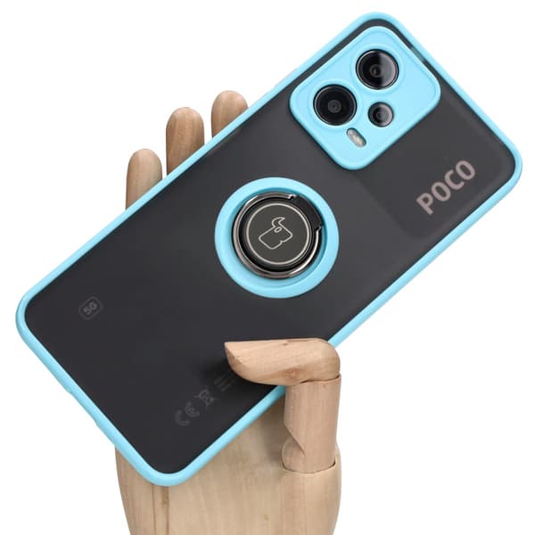 Bizon Case Hybrid Ring Fingerring Cover til Xiaomi Poco X5 / Redmi Note 12 5G, Røgfarvet med Lyseblå Ramme