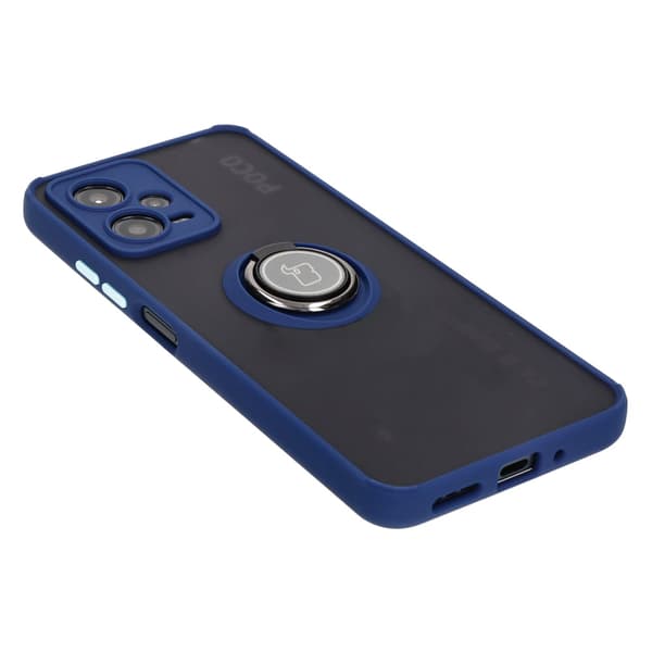 Bizon Case Hybrid Ring Fingerringfodral för Xiaomi Poco X5 / Redmi Note 12 5G, Rökfärgad med Marinblå Ram