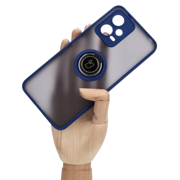 Bizon Case Hybrid Ring Fingerringfodral för Xiaomi Poco X5 / Redmi Note 12 5G, Rökfärgad med Marinblå Ram