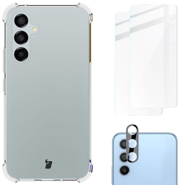 Suojakuori + 2 kpl lasia + linssi Bizon-kotelo, kirkas pakkaus Galaxy A54 5G:lle, läpinäkyvä