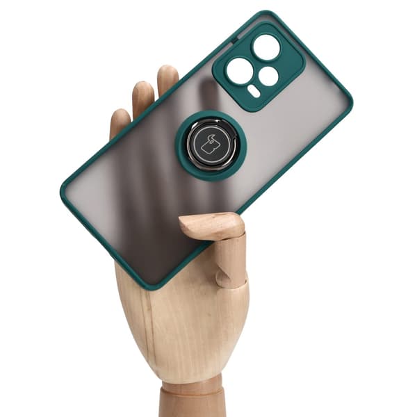 Bizon Case Hybrid Ring Fingerring Cover til Xiaomi Redmi Note 12 Pro+ 5G, Røgfarvet med Mørkegrøn Ramme