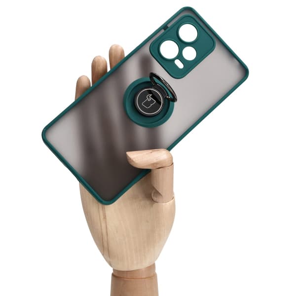 Bizon Case Hybrid Ring Fingerring Cover til Xiaomi Redmi Note 12 Pro+ 5G, Røgfarvet med Mørkegrøn Ramme