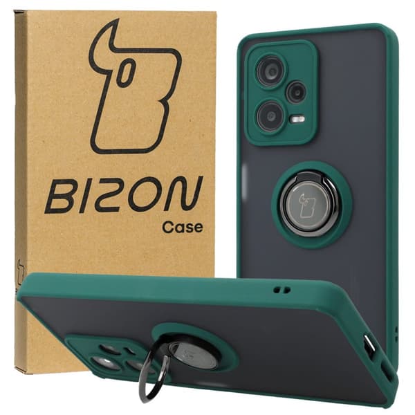 Bizon Case Hybrid Ring Fingerring Cover til Xiaomi Redmi Note 12 Pro+ 5G, Røgfarvet med Mørkegrøn Ramme