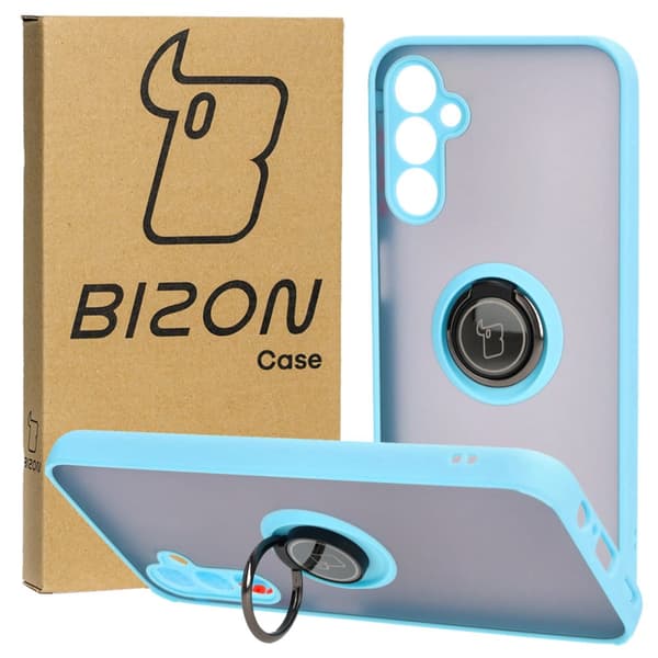 Bizon Case Hybrid Ring Fingerring Cover til Galaxy M14 5G, Røgfarvet med Lyseblå Ramme