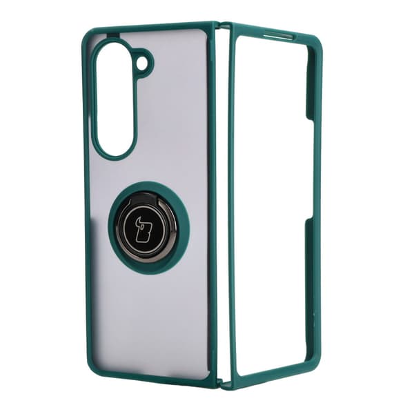 Bizon Case Hybrid Ring Fingerring Cover til Galaxy Z Fold5, Røgfarvet med Mørkegrøn Ramme