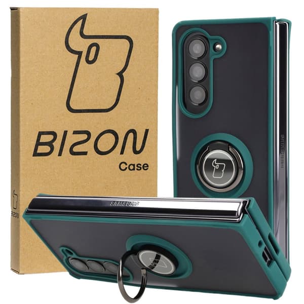 Bizon Case Hybrid Ring Fingerring Cover til Galaxy Z Fold5, Røgfarvet med Mørkegrøn Ramme
