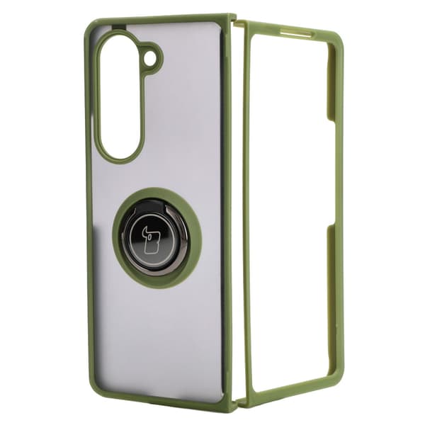 Bizon Case Hybrid Ring Fingerring Cover til Galaxy Z Fold5, Røgfarvet med Grøn Ramme